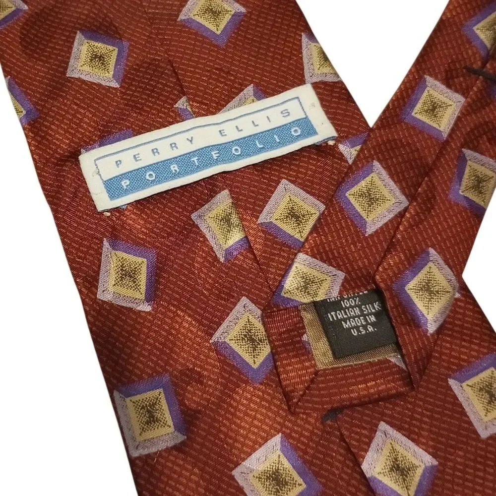 Perry‎ Ellis Portfolio Mens Rust Red Geometric Diamond 100% Italian Silk Tie USA